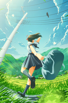 a Japanese school girl running happily home in the countryside and noticing a karasu is perching on the power wire