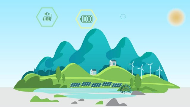 Sustainable Development, and Renewable Energy Concept Showing a Cartoon Animated 4k Island Harnessing Green, Solar, Wind, Energy for Conservation of Earth and Earth Day Celebration