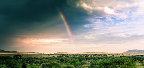 Rainbow over the landscape of the Serengeti, Tanzania