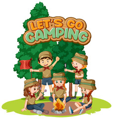 Camping kids and text design for word let's go camping