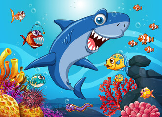 Naklejka na ściany i meble Funny shark with sea animals in the ocean