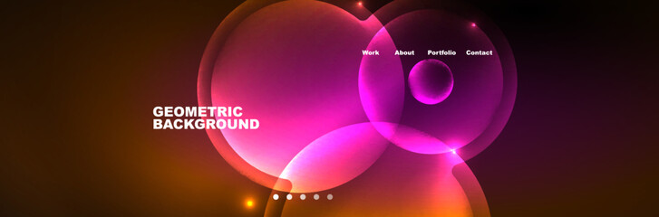 Shiny neon circles and bubbles, dark abstract background with blurred magic neon light, wallpaper design