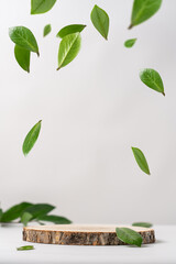 Wooden podium and green flying leaves on white background. Concept scene stage showcase for new...