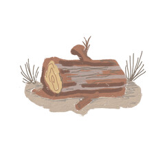 Hollow tree stump firewood hole in the forest nature stones and grass wildlife glade hand drawn separately on a white background