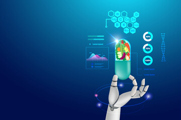 Robot hand holding supplement foods vitamin capsule. Supplement nutrition pill for healthy, food science innovation technology for people wellbeing.
