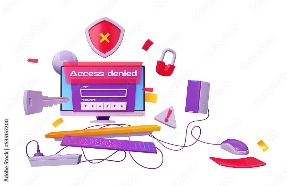 Poster 3d render data protection concept. computer show access denied notification. hacker attack, antiviru