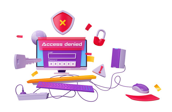3d render data protection concept. Computer show access denied notification. Hacker attack, antivirus, firewall alert. Cyber security, computing internet network secure technology cartoon illustration