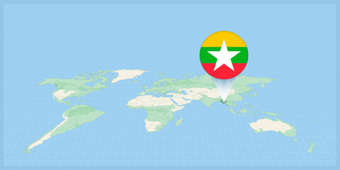 Location of Myanmar on the world map, marked with Myanmar flag pin.