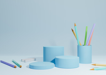 Light, pastel, baby blue 3D illustration back to school product display three podium or stand, horizontal image from side with pencils and chalk on table for product photography background