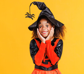 Happy cheerful ethnic girl in a pumpkin costume celebrates Halloween and smiling on yellow background