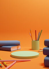 Neon orange, bright red 3D illustration back to school product display one podium or stand vertical from the side with pencils, and books on table for product photography background or wallpaper