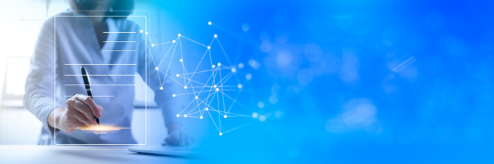 Busineswosman, work from home, handling documents, E-signing, signing digital contracts electronic signing electronic signature through internet technology document data management smart contract