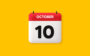 Calendar date 3d icon. 10th day of the month icon. Event schedule date. Meeting appointment time. Agenda plan, October month schedule 3d calendar and Time planner. 10th day day reminder. Vector