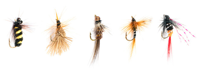 Macro shot five colorful fishing fly isolated on a white background. Hand made fly fishing flies. Fluffy fly fishing hook isolated.