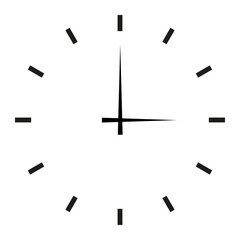 Three o'clock. Watch, clock with black hour and minute hands, transparent clock face, dial. Isolated png illustration. Asset for overlay, montage, collage, presentation.