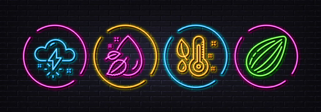Water drop, Thunderstorm weather and Thermometer minimal line icons. Neon laser 3d lights. Almond nut icons. For web, application, printing. Serum oil, Thunder bolt, Grow plant. Vector