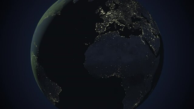 Seamless looping animation of the earth at night zooming in to the 3d map of Algeria with the capital and the biggest cites in 4K resolution