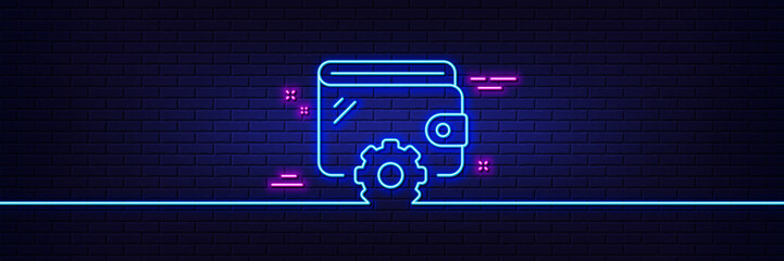Neon light glow effect. Wallet line icon. Money purse with cogwheel sign. Cash budget symbol. 3d line neon glow icon. Brick wall banner. Wallet outline. Vector
