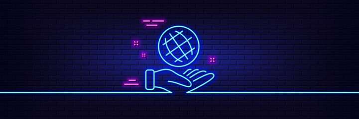 Neon light glow effect. Safe planet line icon. World sign. Ecology symbol. 3d line neon glow icon. Brick wall banner. Safe planet outline. Vector