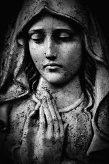 Praying Virgin Mary. Religion, faith, Christianity concept. Black and white image.