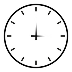 Three o'clock. Watch, clock with black hour and minute hands, white clock face, dial. Isolated png illustration, transparent background. Asset for overlay, montage, collage, presentation.