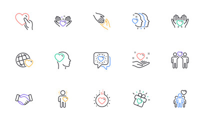 Friendship and love line icons. Interaction, Mutual understanding and assistance business. Trust handshake, social responsibility icons. Linear set. Bicolor outline web elements. Vector