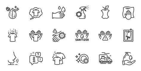 Outline set of Hand sanitizer, Organic waste and Hold t-shirt line icons for web application. Talk, information, delivery truck outline icon. Vector