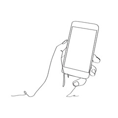 continuous line drawing of person holding smartphone, hand holding smartphone