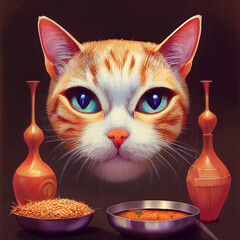 A cat in the kitchen. The cat is cooking dinner. Asian food. National Vietnamese cuisine