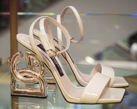 patent leather slingback sandal with metal heel Dolce & Gabbana logo.Milan - Italy, 01 October 2022