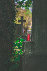 candle, cross, grave on cemetery, All Saints Day