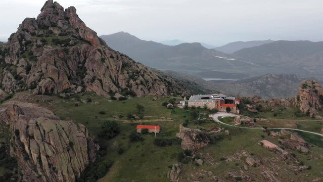 Aerial view of great Treskavec Monastery on top of North Macedonia rocky mountains
