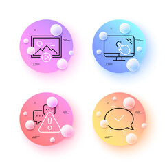Start presentation, Warning and Touch screen minimal line icons. 3d spheres or balls buttons. Approved icons. For web, application, printing. Play photos, Important message, Web support. Vector