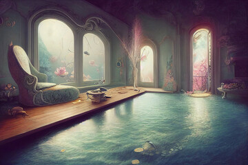 fantasy surreal underwater beautiful house , room, interior, pastel colours, background, digital painting