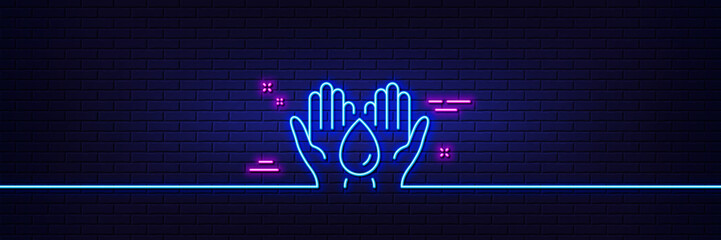 Neon light glow effect. Safe water line icon. Fluid sign. Ecology energy symbol. 3d line neon glow icon. Brick wall banner. Safe water outline. Vector