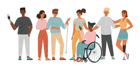 Volunteers helping people with disabilities. Diversity cocenpt vector illustration. Group of people with special needs, wheelchair, prosthesis