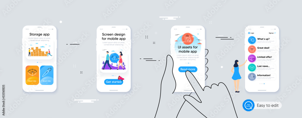 Poster open box, opened box and brush line icons for website, printing. phone ui interface. collection of l