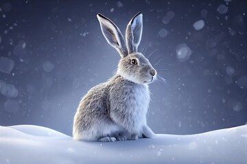 New Year's fairy tale, a hare sits in the snow. 3D render. Raster illustration. - obrazy, fototapety, plakaty