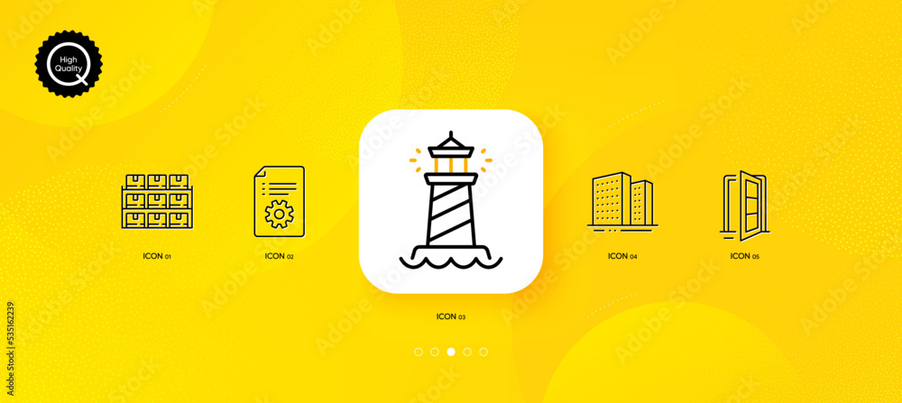 Poster open door, boxes shelf and technical documentation minimal line icons. yellow abstract background. l