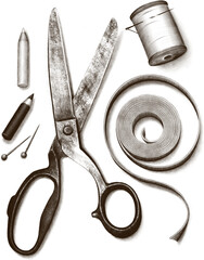 High-resolution sewing tools PNG drawing with transparent background. Black and white illustration of sewing tools. Perfect for your project, wall art, phone wallpaper, t-shirt, or phone case. - obrazy, fototapety, plakaty