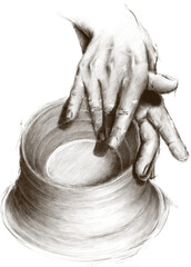 High-resolution pottery PNG drawing with transparent background. Black and white illustration of potter's hand. Perfect for your project, wall art, phone wallpaper, t-shirt, or phone case. - obrazy, fototapety, plakaty