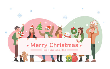 Happy men and women celebrating christmas, horizontal poster, merry christmas and new year, vector cartoon style, greeting card invitation card christmas card