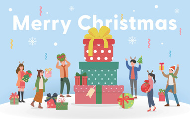 Happy men and women celebrating Christmas, stacked gift boxes, Merry Christmas and New Year, vector cartoon style, greeting card invitation card Christmas card