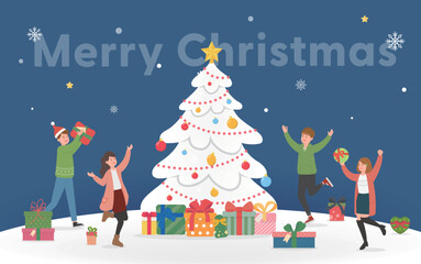 Happy men and women celebrating christmas, christmas tree with gifts and snowflakes, christmas and happy new year, vector cartoon style, greeting card invitation card christmas card