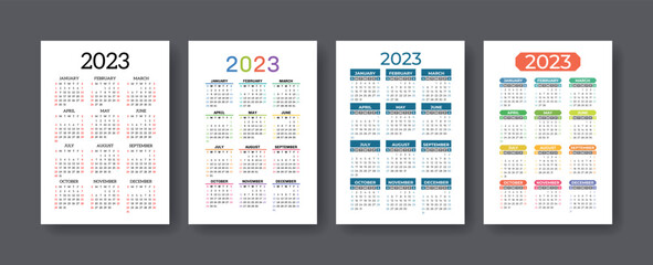 Calendar 2023 year set. Vector vertical template collection. Ready design. January, February, March, April, May, June, July, August, September, October, November, December