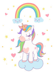 Cute rainbow unicorn standing on the cloud with rainbow and star in the sky. Vector design illustration.