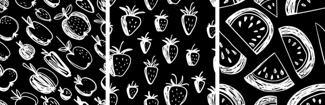 Black and white fruits seamless pattern set. Hand drawn vector watermelon, strawberry and apple illustrations. Pen or marker doodle sketch