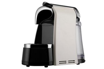 Beige electric capsule coffee machine with black inserts, modern design, diagonal arrangement, on a...