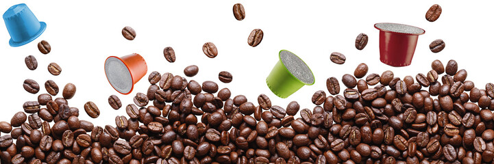 Roasted coffee beans in a placer, a lot of beans lies and levitates, isolated, on a white background