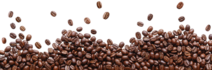 Roasted coffee beans in a placer, a lot of beans lies and levitates, isolated, on a white background